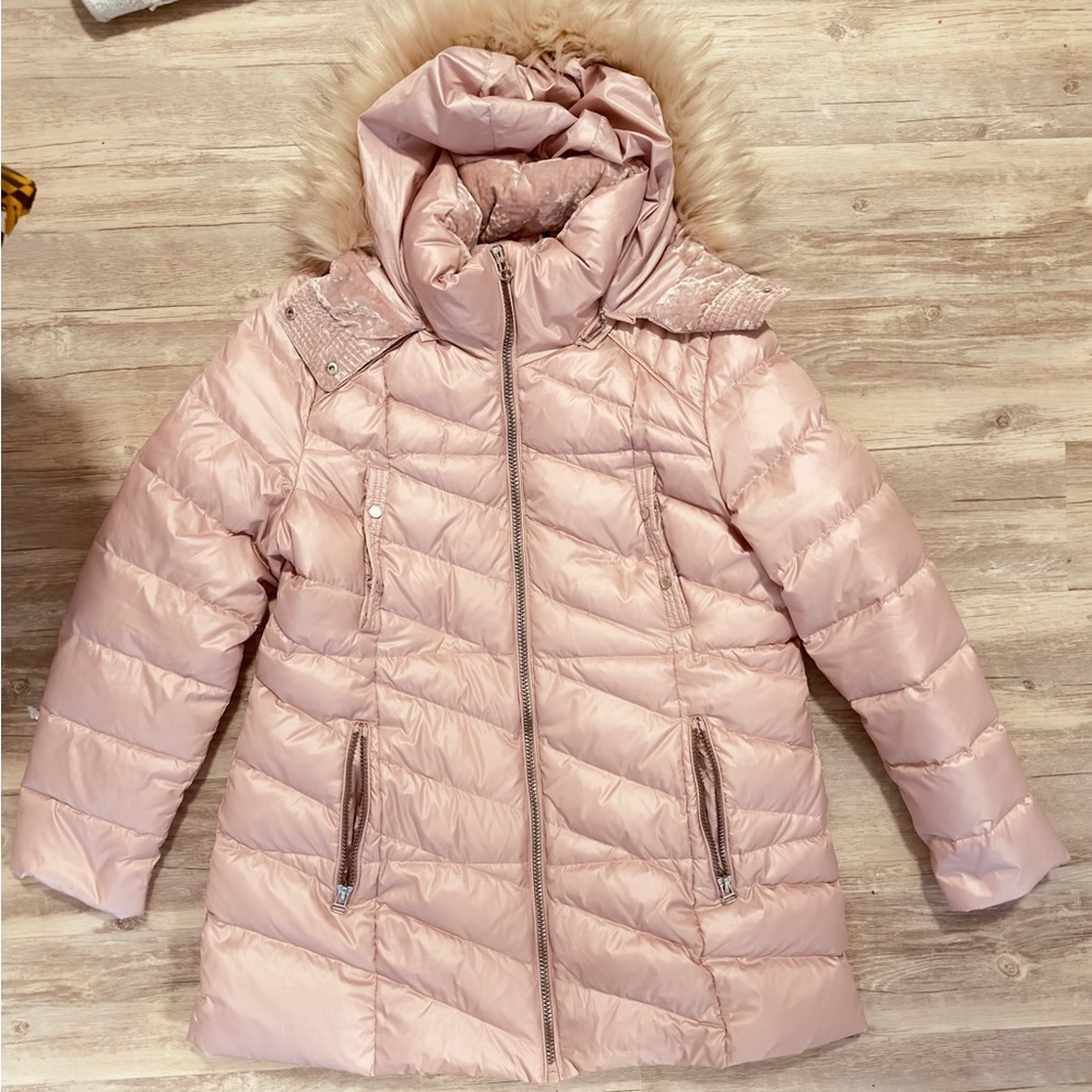 Women's Pink Puffer Jacket with Faux Fur Hood
